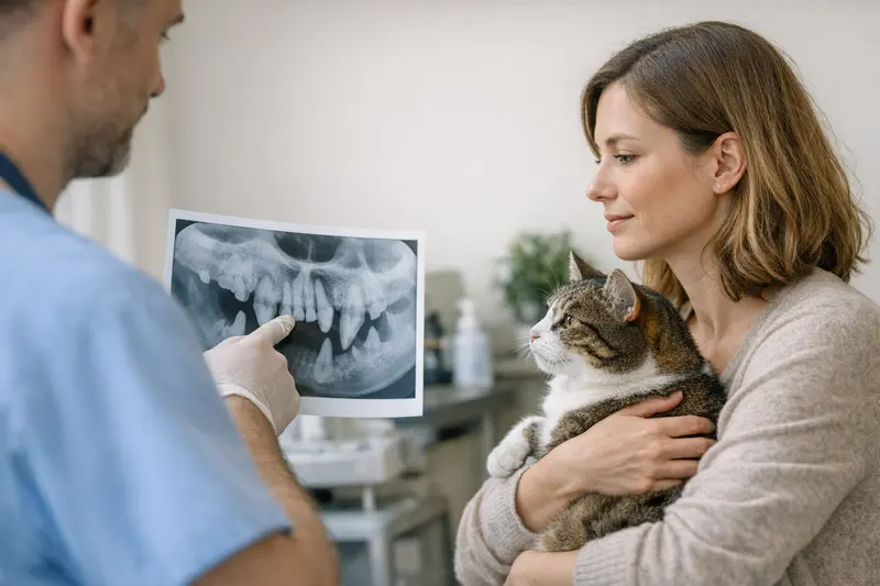Röntgenaufnahmen bei Katzenzahnproblemen Eine Katze während einer tierärztlichen Untersuchung mit Röntgengerät, um Zahnprobleme zu diagnostizieren.