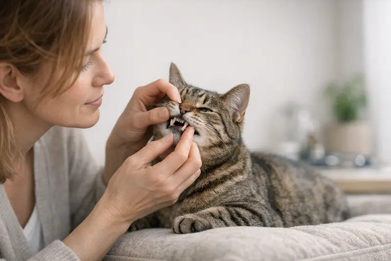 Eine Katze lässt sich beim Tierarzt das Gebiss kontrollieren, um Zahnproblemen vorzubeugen.