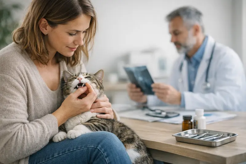 Tierarzt untersucht die Zähne einer Katze zur Zahnreinigung
