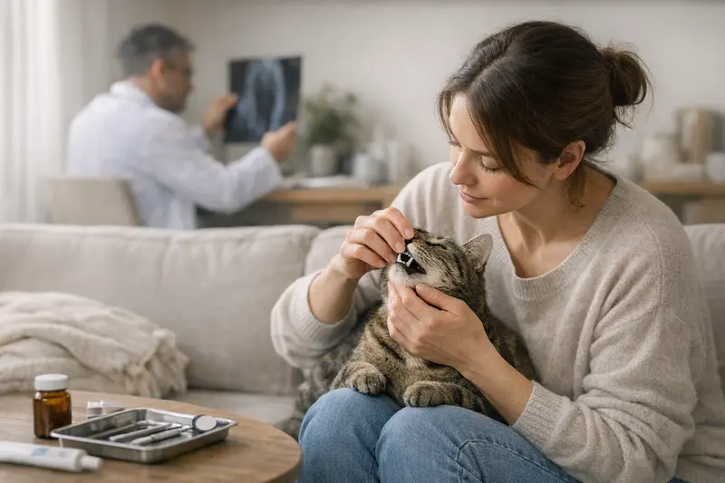 Eine Katze beim Tierarzt zur Zahnreinigung, um Sorgen über zukünftige Kosten zu vermeiden.