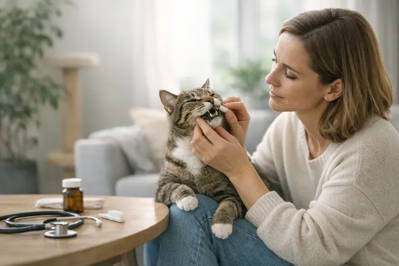 Eine Katze erhält eine Zahnuntersuchung beim Tierarzt, um gesundheitliche Probleme frühzeitig zu erkennen.