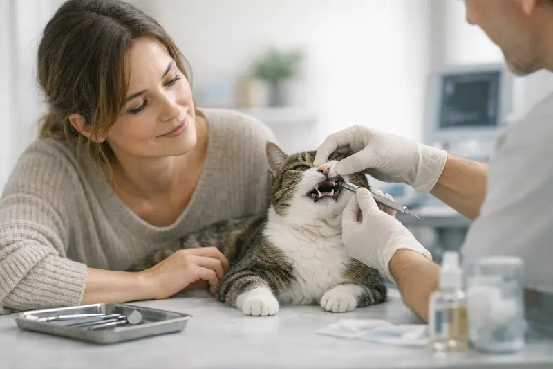 Zahnreinigung bei Katzenversicherung Eine Katze beim Tierarzt, während eine Zahnreinigung durchgeführt wird, symbolisiert die Wichtigkeit der Zahnversicherung für Haustiere.