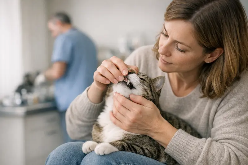 Ein Haustierarzt untersucht das Gebiss einer Katze auf Zahn- und Zahnfleischprobleme.