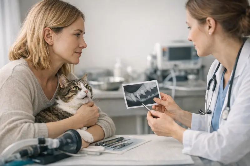 Zahnreinigungskosten für Katzen Katzengesicht während einer Zahnreinigung in einer Tierarztpraxis.