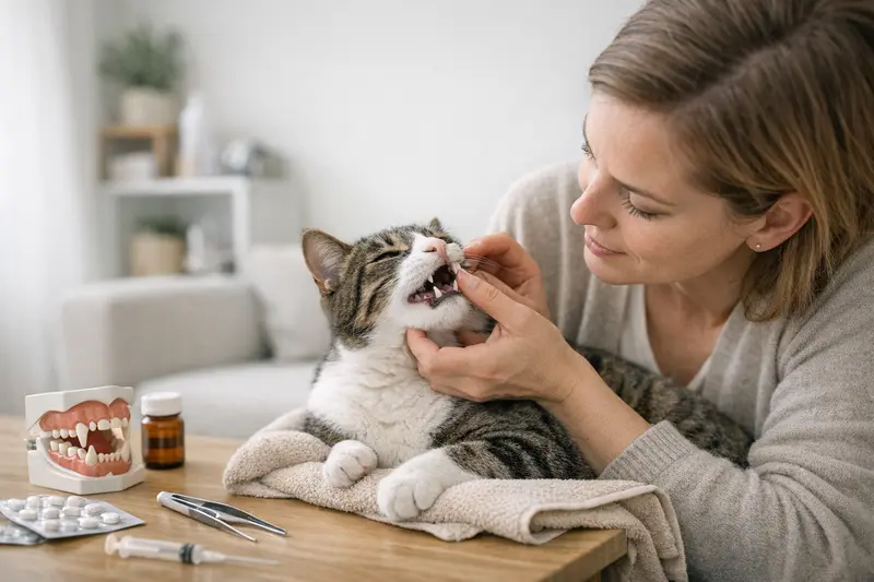 Zahnbehandlung bei Katze, die vom Tierarzt untersucht wird, um den Einfluss von Versicherungstarifen auf die Zahnkosten zu verdeutlichen.