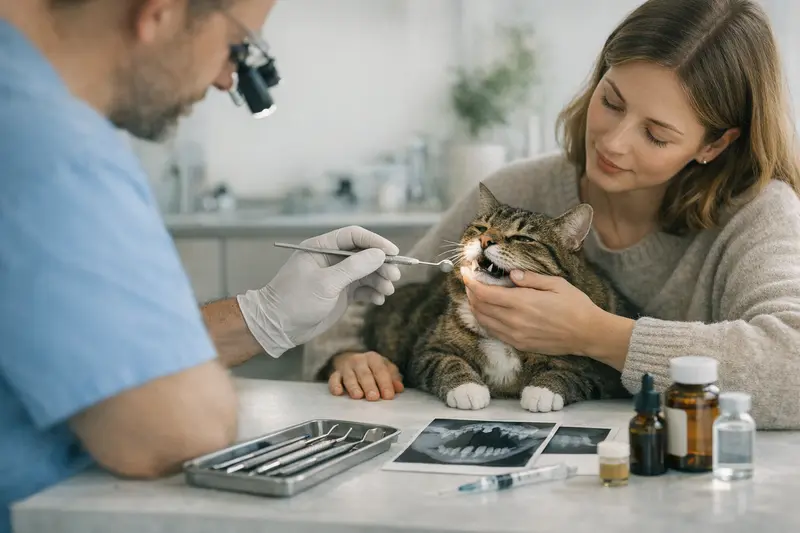 Zahnbehandlung für Katzen - Tarife vergleichen Eine Katze beim Tierarzt, die auf die Wichtigkeit von Zahnbehandlungen hinweist.
