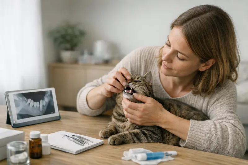 Eine Katze wird von einem Tierarzt während einer Zahnbehandlung untersucht, was für Katzenhalter wichtig ist.