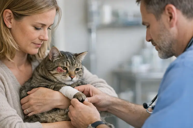 Katzenverletzungen durch Streit und Versicherungsschutz Katzenarzt untersucht eine verletzte Katze nach einem Streit.