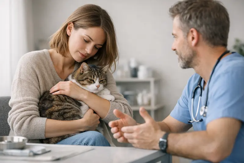 Tierarztkosten bei stresstypischen Beschwerden bei Katzen Eine Katze beim Tierarzt zur Untersuchung aufgrund von stressassoziierten Beschwerden wie Unsauberkeit.