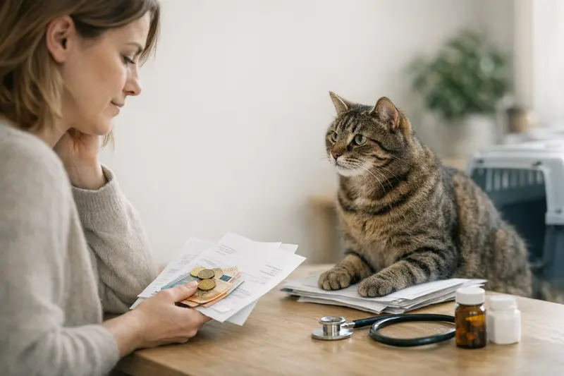 Katzenversicherung: Beitrag oder Selbstbeteiligung? Eine Katze im Tierarztstuhl, symbolisiert die Entscheidung zwischen niedrigen Beitrag und niedriger Selbstbeteiligung bei der Katzenversicherung.
