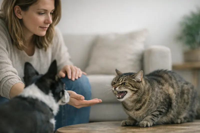 Eine Katze faucht bei der ersten Begegnung, was ein normales Kommunikationssignal ist.