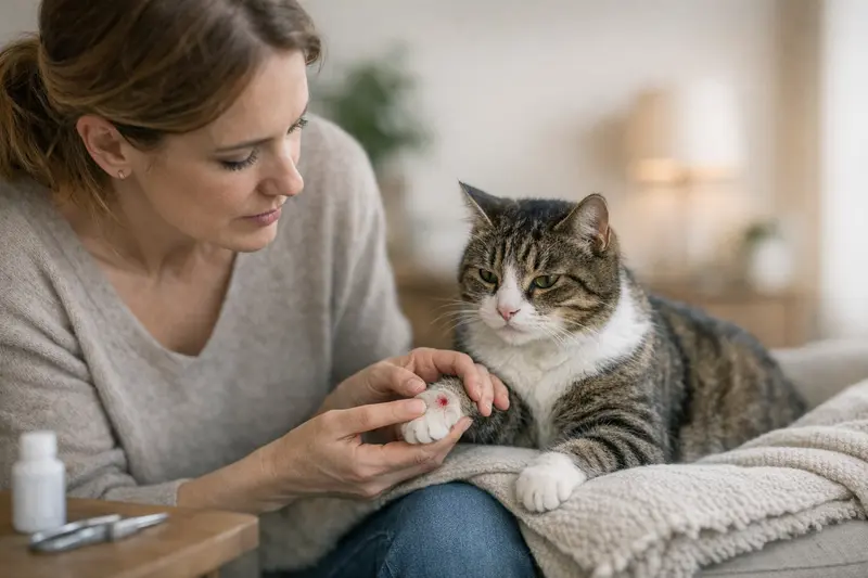 Tierarztbesuch bei Bisswunde einer Katze Katzentierarzt mit einem Tierhalter, der eine Bisswunde begutachtet.