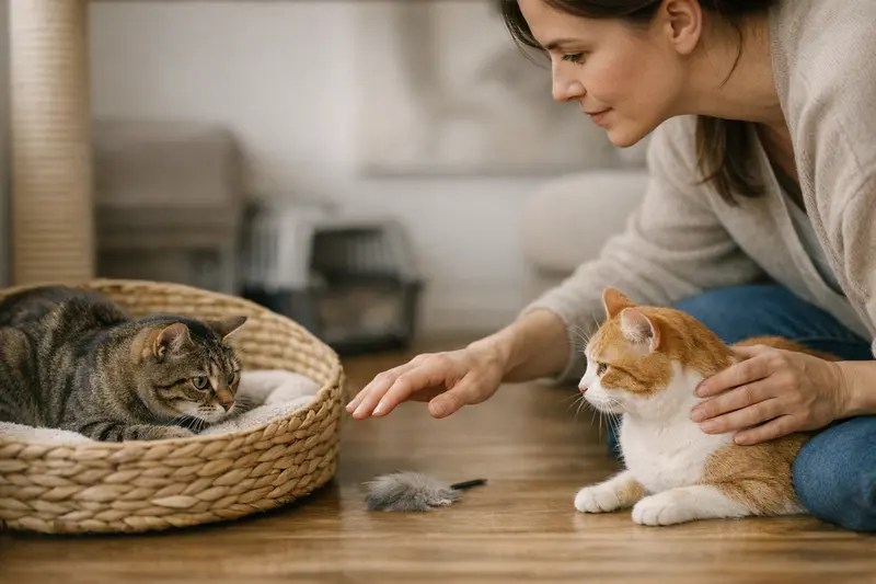 Zwei Katzen begegnen sich in einer entspannten Atmosphäre während der Zusammenführung.