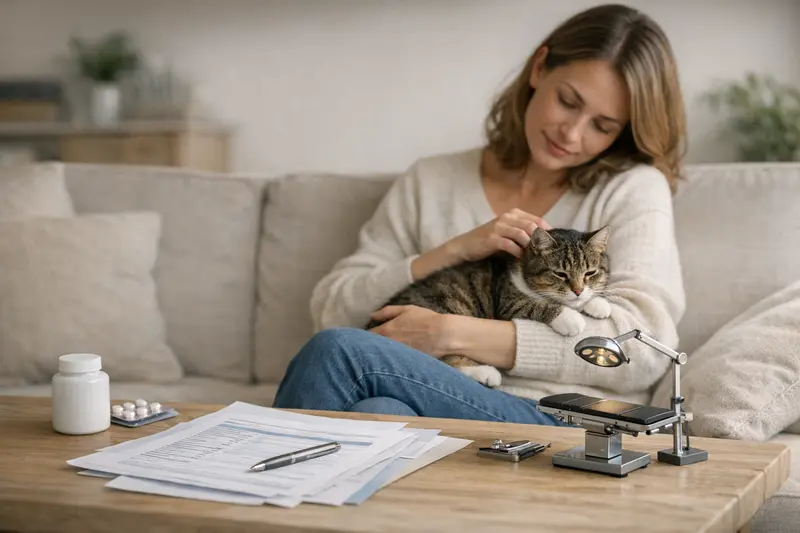 Tarifvergleich für Katzenversicherungen Katzentierarzt, der eine Untersuchung durchführt, während unterschiedlicher Versicherungstarife verglichen werden.