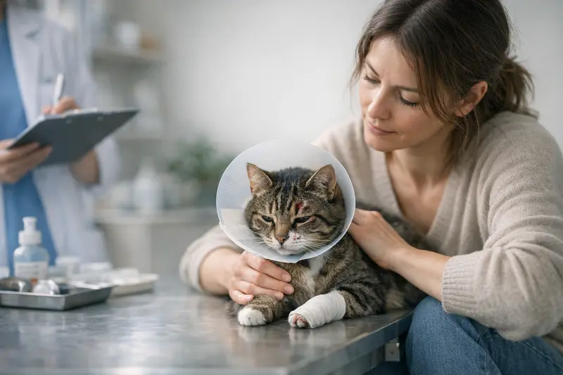 Katzen bei einem Tierarztbesuch zur Untersuchung nach einem Streit.