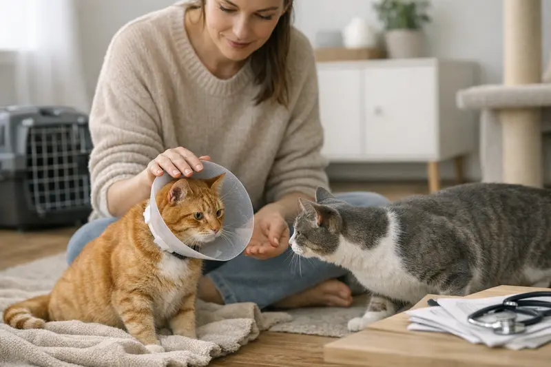 Katzen beim Tierarzt mit einem verantwortungsbewussten Halter, der nach Wartezeiten in der Versicherung fragt