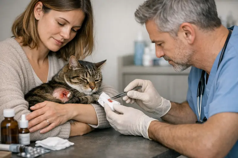 Bissverletzungen bei Katzen Behandlungskosten Eine Katze, die beim Tierarzt zur Behandlung einer Bissverletzung untersucht wird.