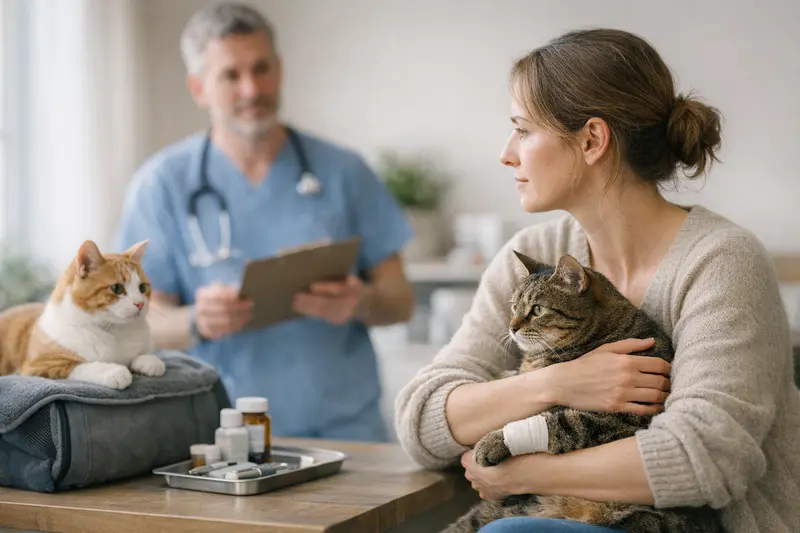 Katzenzusammenführung und Tierarztversicherung Katzen, die sich aneinander gewöhnen, während eine Tierarztversicherung über mögliche Kosten informiert.