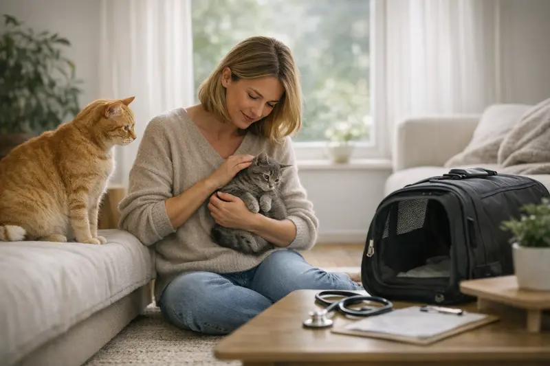 Tierarztbesuch einer Katze Eine Katze beim Tierarzt, die untersucht wird, symbolisiert die Bedeutung einer Tierarztversicherung.