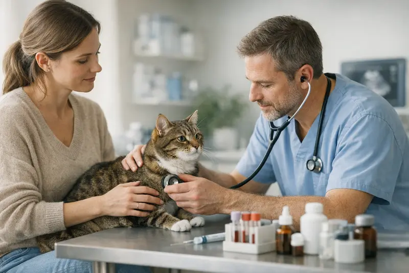 Eine Katze wird beim Tierarzt für diagnostische Untersuchungen behandelt, während wichtige Leistungen der Tierarztversicherung besprochen werden.
