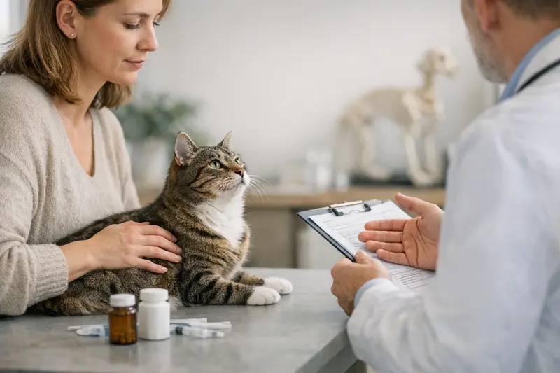 Tierarztversicherung für Katzen vergleichen Katze beim Tierarzt, die eine Untersuchung erhält und dabei über Erstattungen der Tierarztversicherung informiert wird.