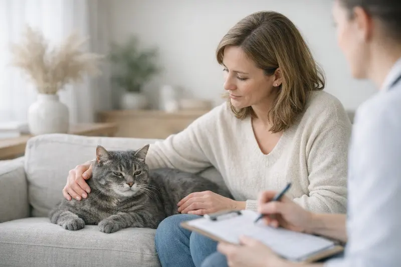 Katzengesundheit und Versicherung Eine Katze wird beim Tierarzt untersucht, um mögliche Symptome festzustellen.