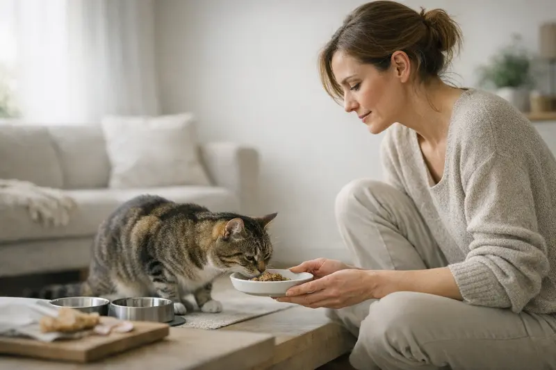 Ausschlussdiät bei Katzen Eine Katze, die während einer Ausschlussdiät auf ihr Futter achtet.