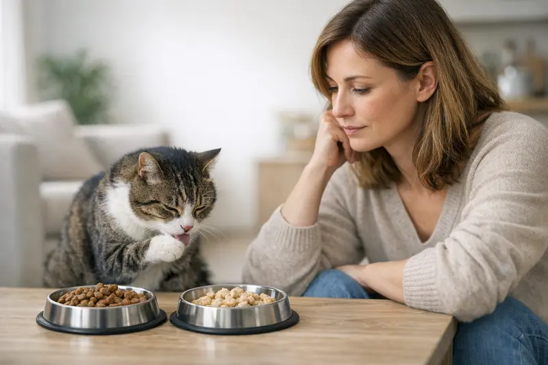 Eine Katze wird von ihrem Besitzer auf Symptome einer Futtermittelallergie untersucht.