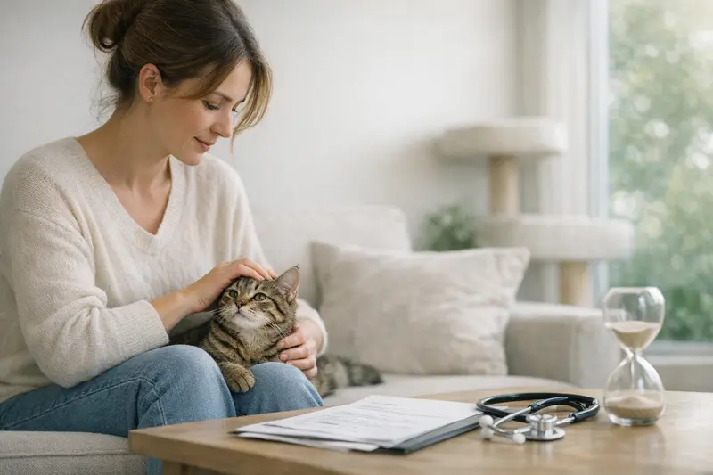Katzenärztliche Untersuchung für Versicherungsplanungen Eine gesunde Katze auf einer Untersuchungsliege beim Tierarzt zur Gesundheitsvorsorge.