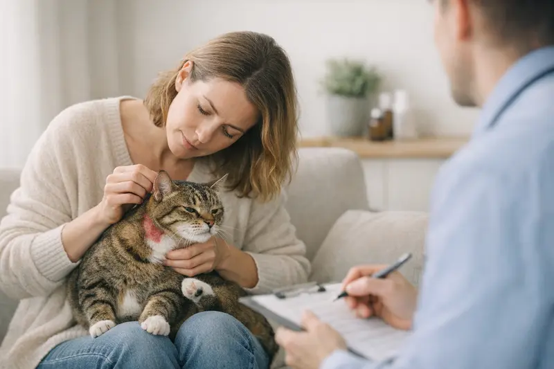 Katzenallergien erkennen und behandeln Eine Katze mit juckender Haut, die auf Allergien untersucht wird.