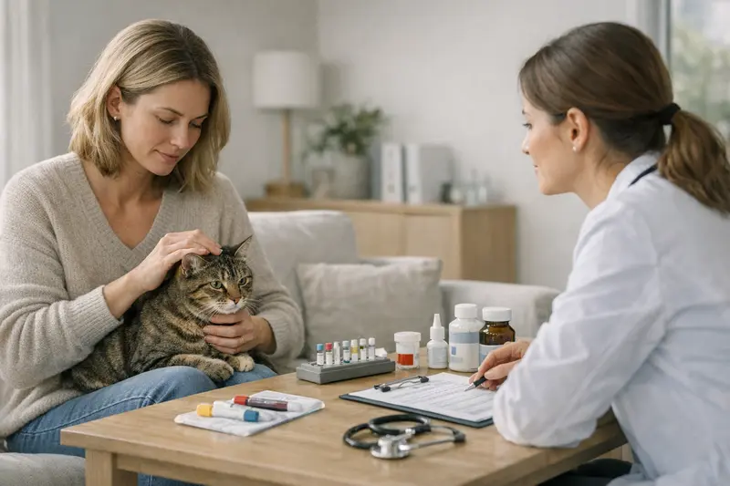 Ein Tierarzt führt einen Allergietest bei einer Katze durch, während die Besitzerin aufmerksam zuschaut.