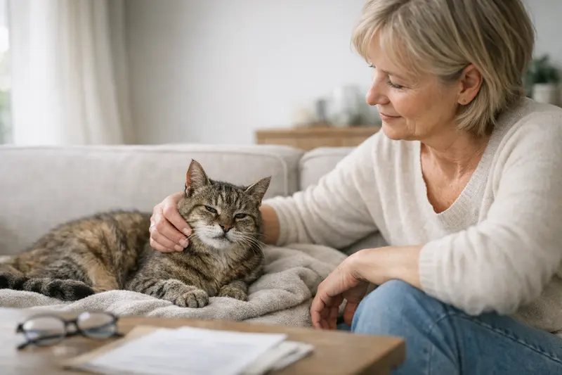 Ältere Katze und Versicherungsfragen Ältere Katze sitzt entspannt auf dem Sofa und schaut neugierig.