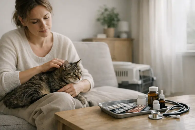 Katzengesundheit und OP-Versicherung Eine Katze auf dem Untersuchungstisch beim Tierarzt, die mit einer OP-Versicherung abgesichert ist.