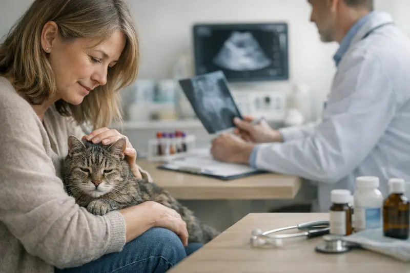 Tierarztkosten älterer Katzen Ältere Katze bei einer tierärztlichen Untersuchung, die Tierarztkosten im Alter zeigt