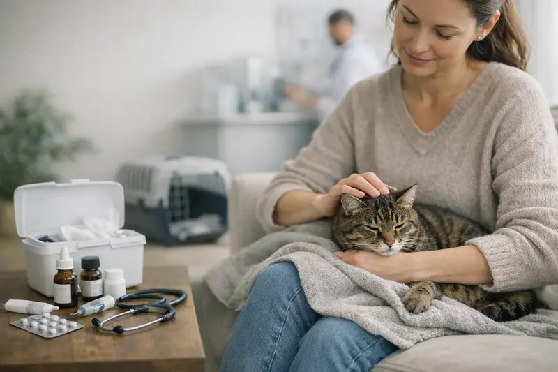 Tierärztliche Untersuchung für Katzenvorsorge Eine Katze wird von einem Tierarzt untersucht, um die besten Vorsorgemaßnahmen zu besprechen.