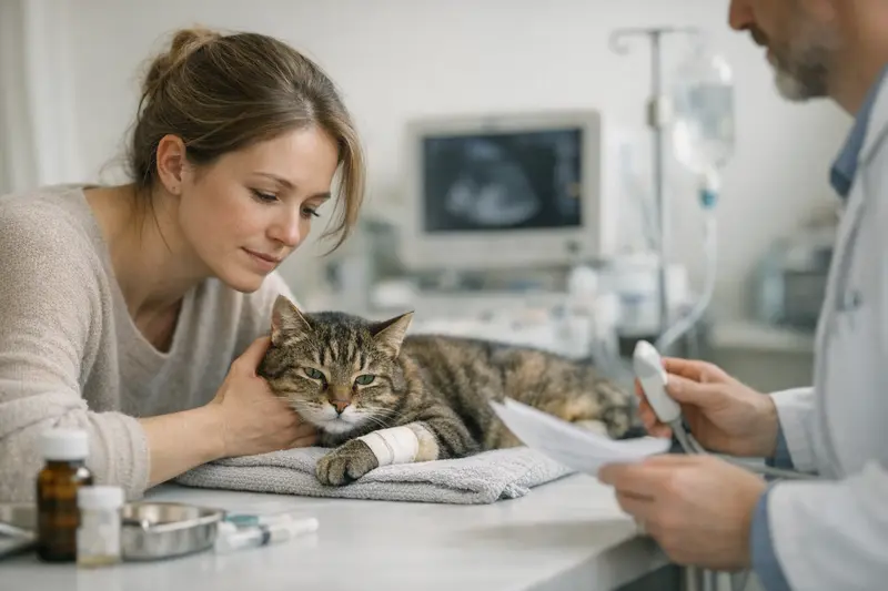 Tierarztbesuch zur Absicherung der Katzengesundheit Katzentierarzt bei der Untersuchung eines kranken Katers, um im Notfall die bestmögliche Versorgung sicherzustellen.