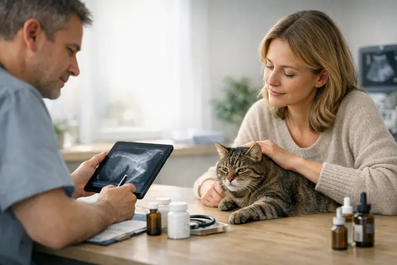 Katzendoktor untersucht eine Katze auf Arthritis.