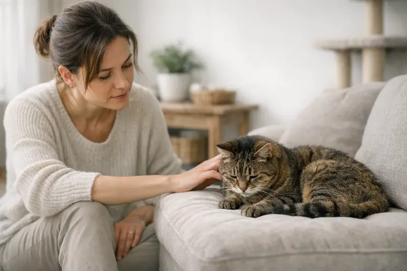 Arthritis bei Katzen Eine Katze mit Arthritis zeigt Schonhaltung und scheint Schmerzen zu empfinden.