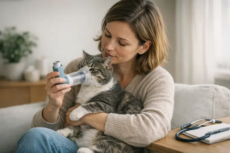 Katzenasthma und tierärztliche Behandlung Eine Katze mit Asthmaanfällen bei einem Tierarzt zur Untersuchung.