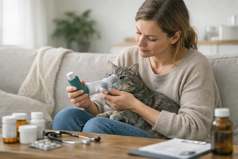 Tierarztuntersuchung einer Katze Eine Katze wird von einem Tierarzt untersucht, um die Wichtigkeit der laufenden Kosten bei der Behandlung von Katzenasthma zu verdeutlichen.