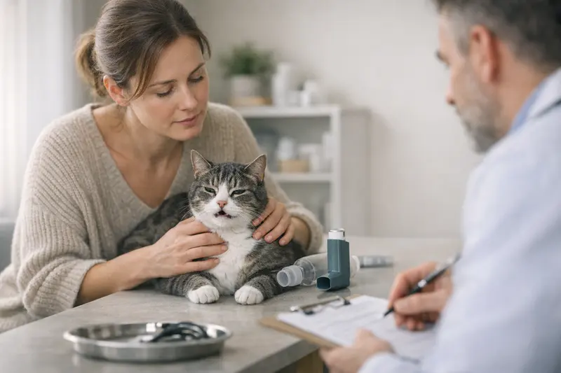 Katzenärztliche Untersuchung bei Husten Eine Katze mit Atemproblemen beim Tierarzt zur Untersuchung