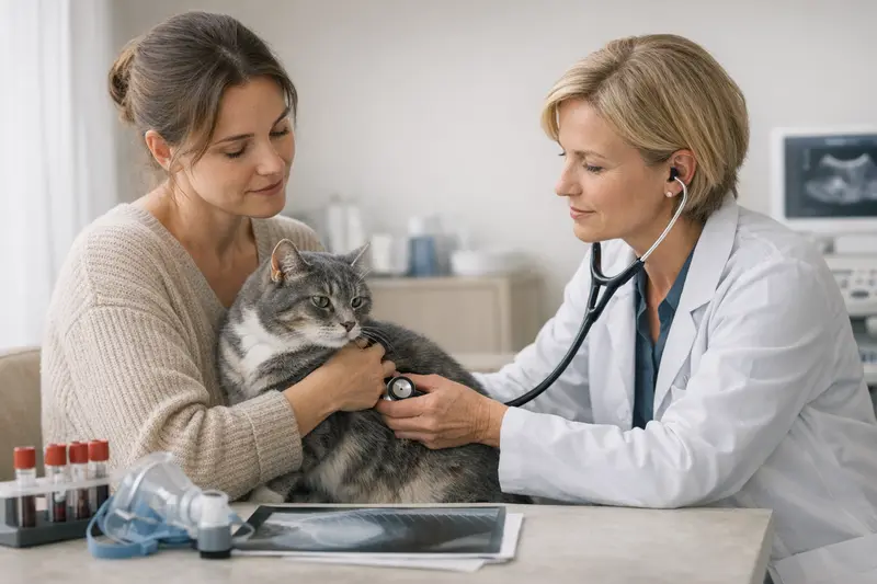 Untersuchung bei Katzenasthma Tierarzt untersucht eine Katze mit Verdacht auf Asthma.