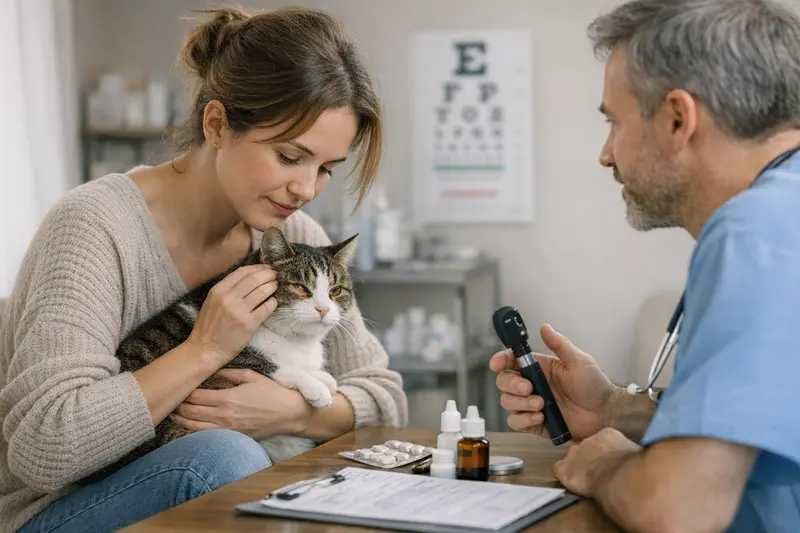 Katzenaugenuntersuchung beim Tierarzt Tierarzt untersucht die Augen einer Katze auf mögliche Probleme und erläutert die Bedeutung umfassender Gesundheitsabsicherung.