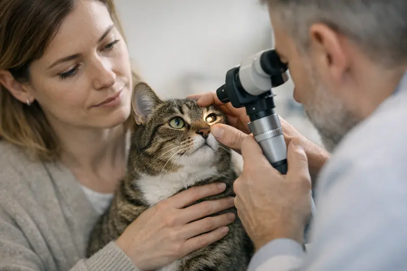 Augenuntersuchung Katze Tierarzt Eine Katze lässt sich beim Tierarzt augenärztlich untersuchen.