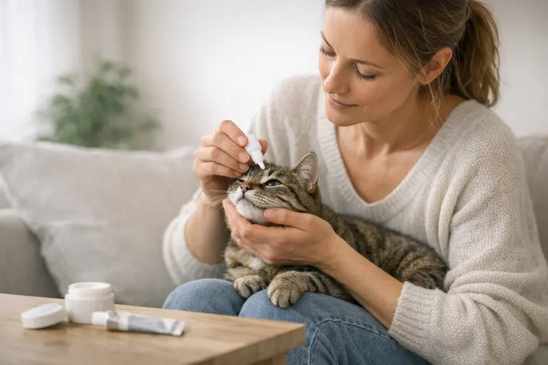 Augentropfen für Katzenkrankheiten Katzengesicht mit Augentropfen zeigt die Wichtigkeit der Augenpflege
