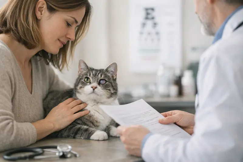 Augenuntersuchung bei Katzen mit Vorerkrankungen Tierarzt untersucht die Augen einer Katze mit Vorerkrankungen.