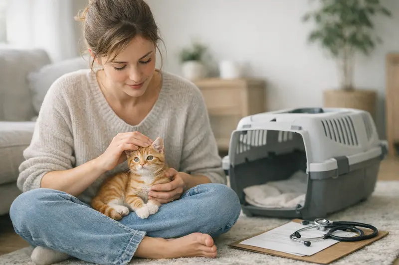 Ein Katzenbaby spielt mit einem Spielzeug, während eine Tierärztin es untersucht, um die Bedeutung einer Katzenkrankenversicherung zu verdeutlichen.