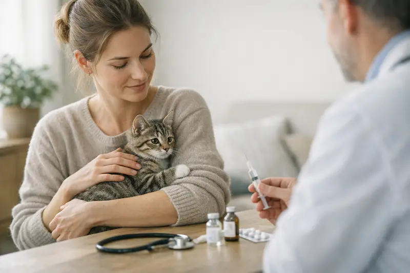 Eine gesund aussehende Katze bei einer tierärztlichen Untersuchung, die Vorsorgeleistungen wie Impfungen erfordert.