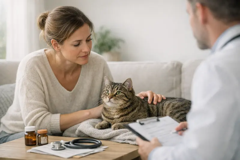 Eine Katze auf einer modernen Tierarztbank während einer Untersuchung zur Gesundheitssicherung.