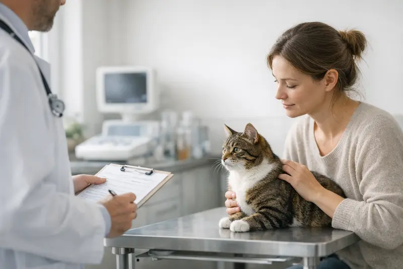 Tierarztbesuch während der Katzenbetreuung Eine Katze wird während der Betreuung von einer Tierärztin untersucht.